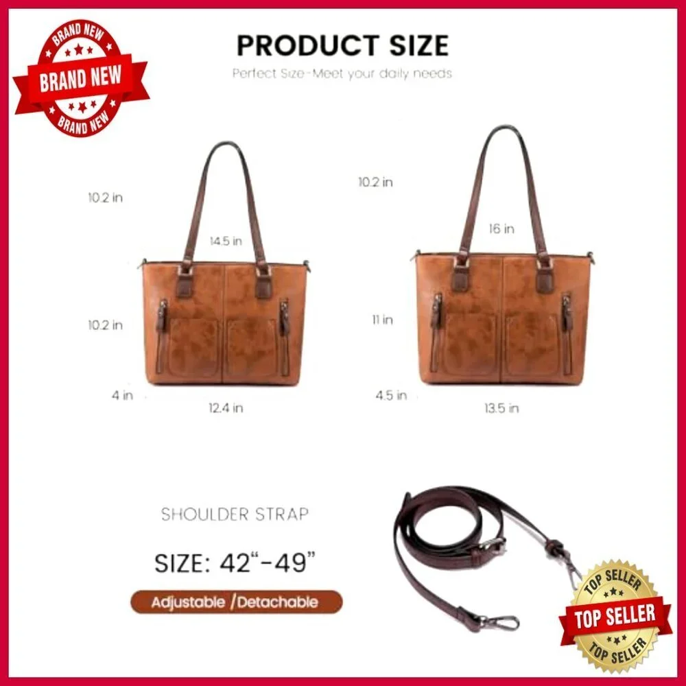 Large Faux Leather Hobo Tote Shoulder Bag with Multi-Pockets